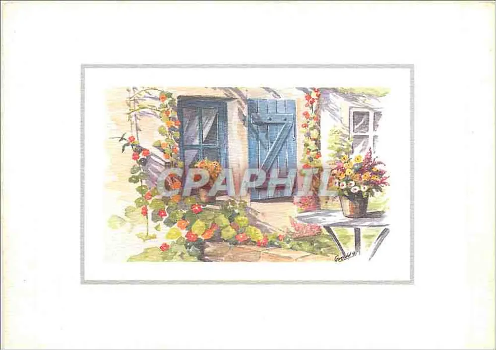 Fenêtre de maison avec fleurs — Collection florale GLB 03 — Aquarelle de Gwandal le Bayon - Recto