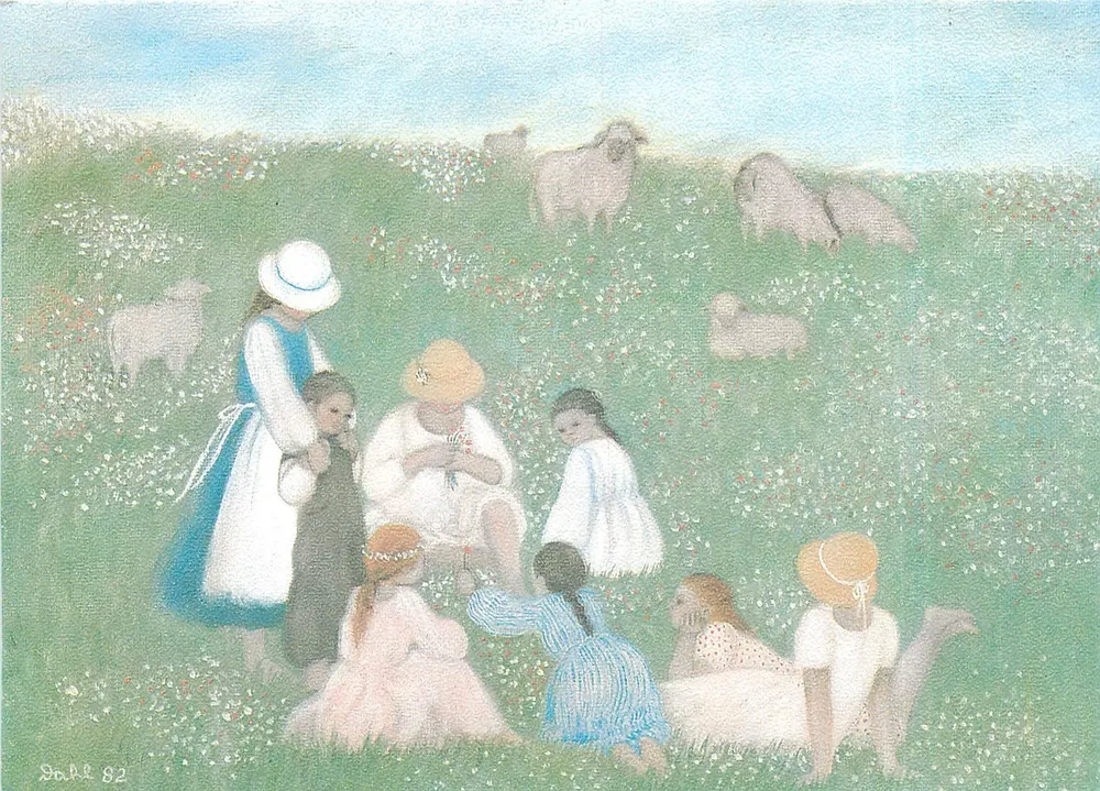 Crianças com carneiros — Heide Dahl, Galeria Kupferkanne, Kampen/Sylt — PK-190 - Frente