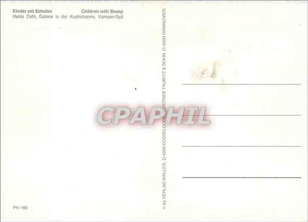 Crianças com carneiros — Heide Dahl, Galeria Kupferkanne, Kampen/Sylt — PK-190 - Verso