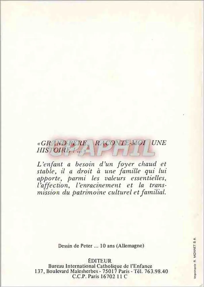 Großvater erzählt eine Geschichte — Zeichnung eines Kindes — Verlag: Bureau International Catholique de l'Enfance - Rückseite