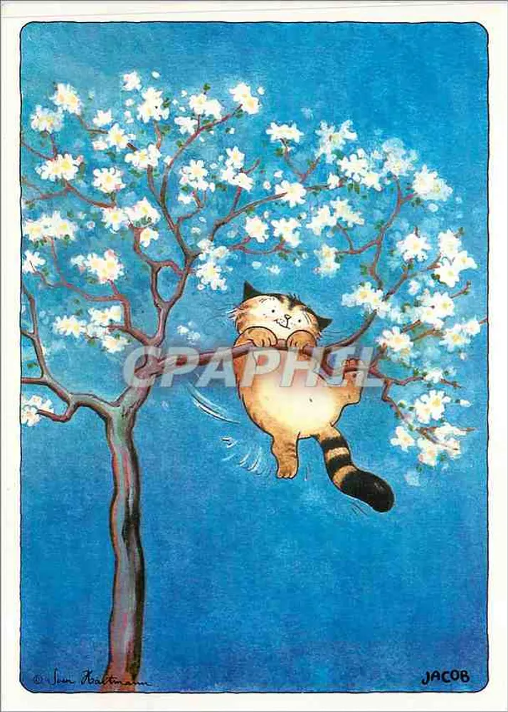 एक वृक्ष में फूलों के बीच बिल्ली — जून बाल्टिनम के ड्राइंग — प्रकाशक जेकॉब - आगे