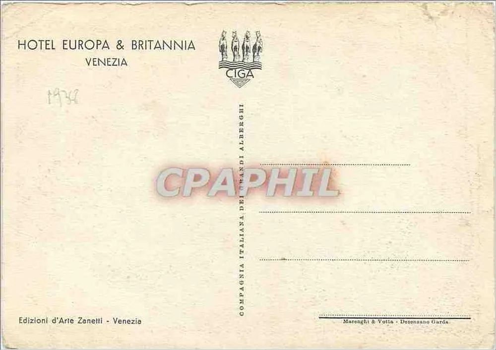 Venecia - Hotel Europa & Britannia — vista del canal con gondolas y bollard a rayas — Ediciones d'Arte Zanetti, Venecia - Reverso