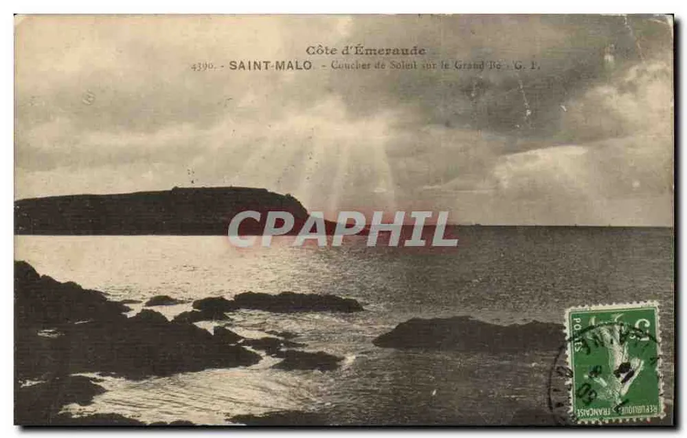 Côte d'Émeraude — Coucher de Soleil sur le Grand Roc — G. L. — Saint-Malo - Recto