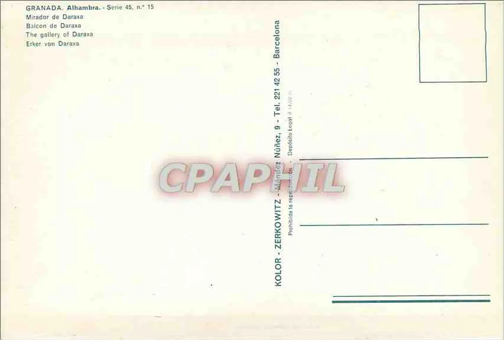 Alhambra — Mirador de Daraxa — publisher Kolor-Zerkowitz, series 45 n°15 - Back