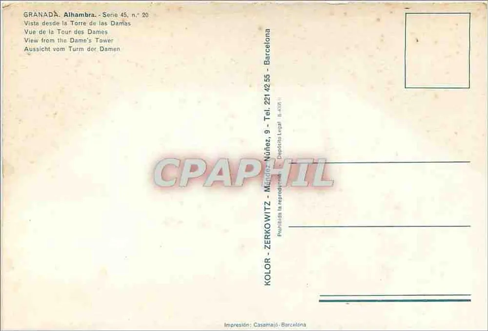 Granada. Alhambra — Vue de la Tour des Dames — série 45, n° 20, éditeur Màndez-Núñez, Barcelone - Verso