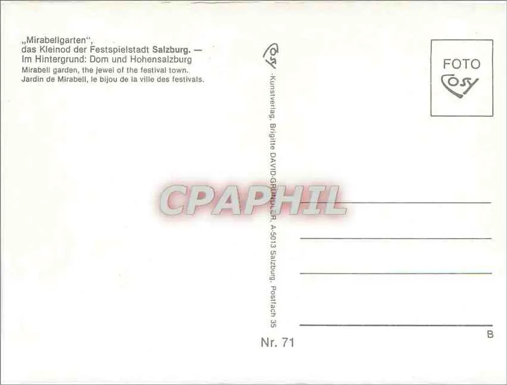 Mirabellgarten — Stadtpark Salzburg — Verlag OSY, Nr. 71 - Rückseite