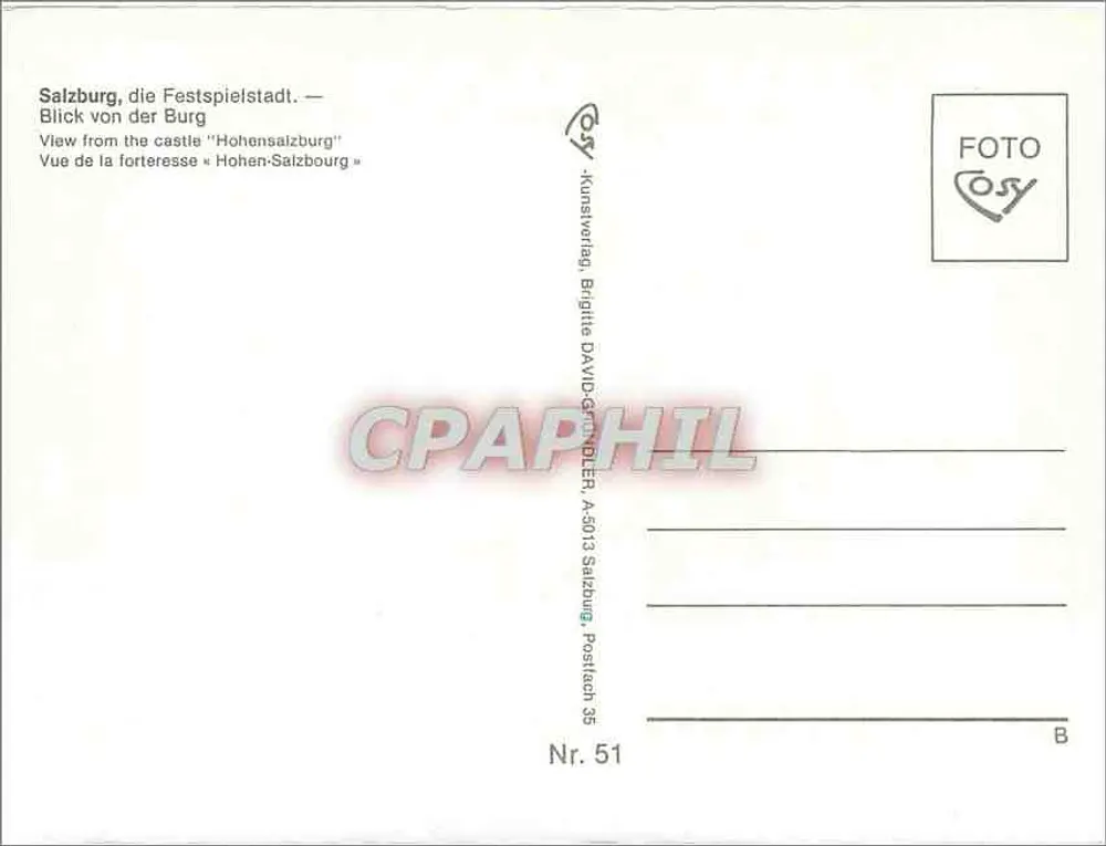 Salzburg, die Stadt der Festspiele — Ansicht von der Hohensalzburg-Festung — Verlag OSY, Nr. 51 - Rückseite
