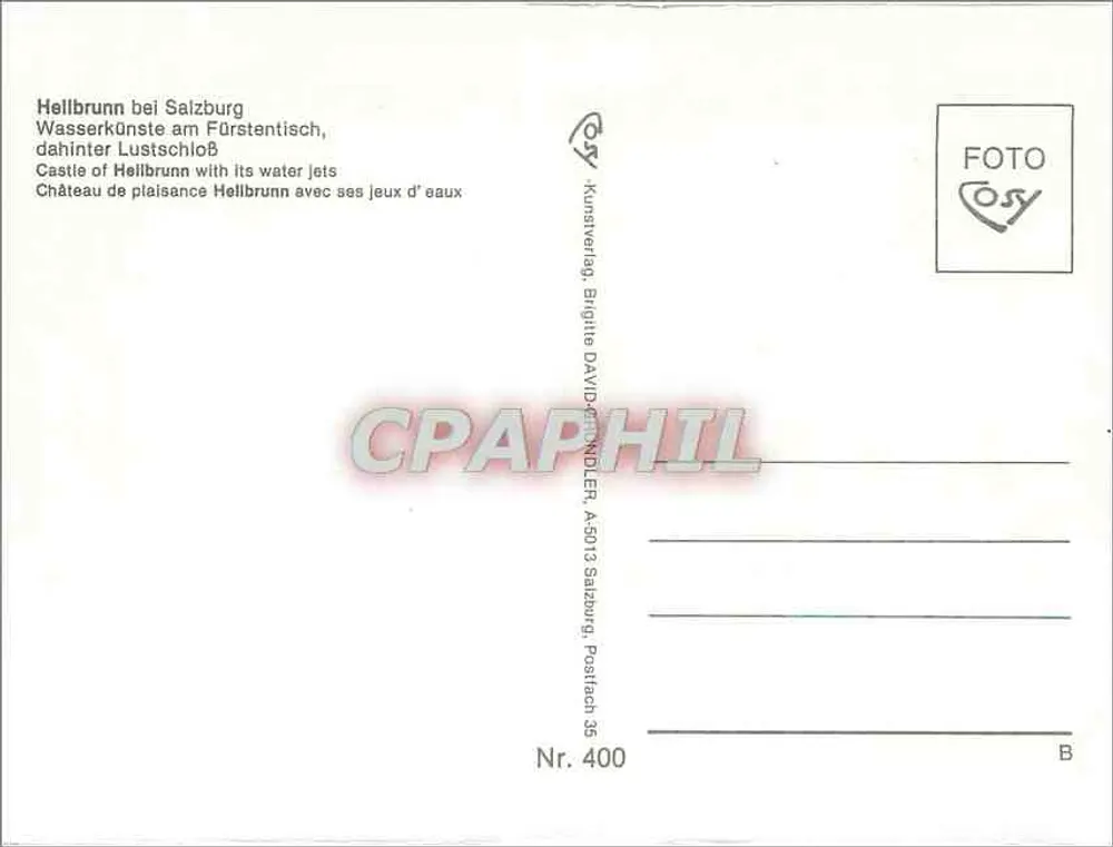 Hellbrunn bei Salzburg — Gärten mit Fontänen — Cosy Kunstverlag, Brigitte David, A-5013 Salzburg, Nr. 400 - Rückseite