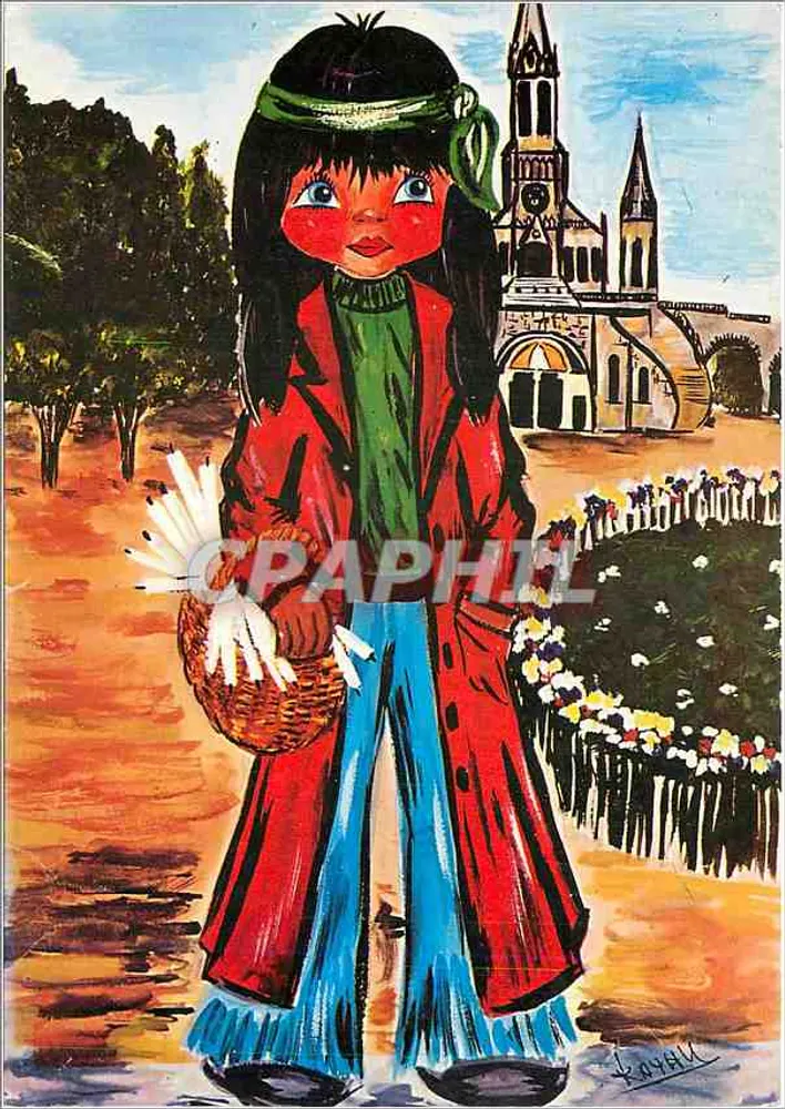 Menina com cesto — diante da igreja — Ilustração de Kathy - Frente