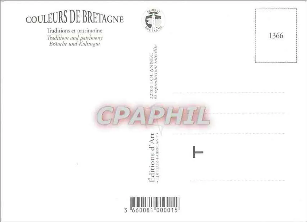 Bretanha — paisagens e tradições — Edições d'Art Luttilur-Fabricant, n° 1366 - Verso