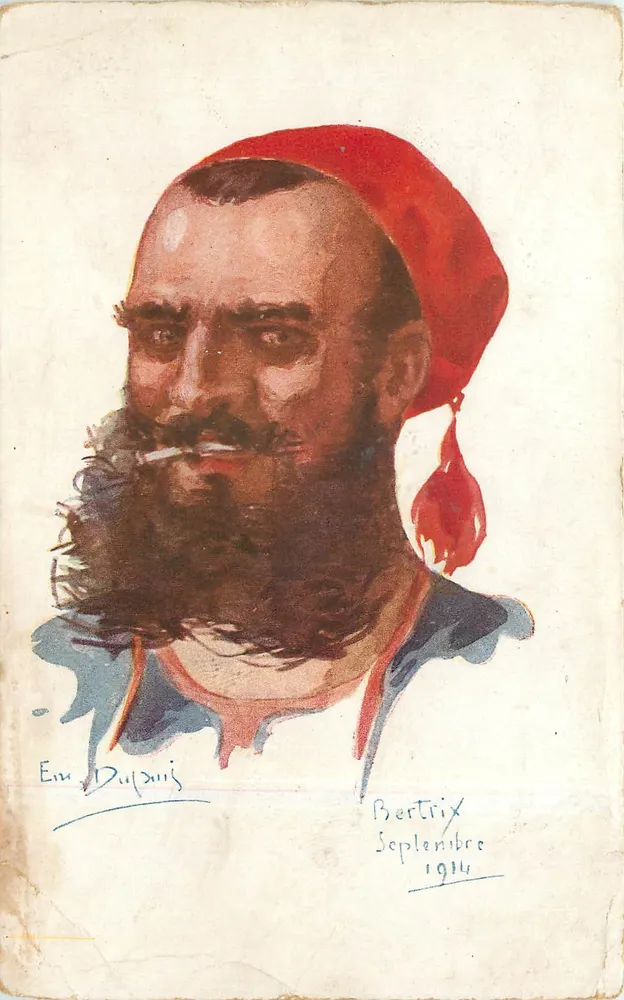 एक बर्बर आदमी का चित्र लाल टोपी के साथ — बर्टिक्स, सितंबर 1914 — हस्ताक्षरित ई. डुप्ले - आगे