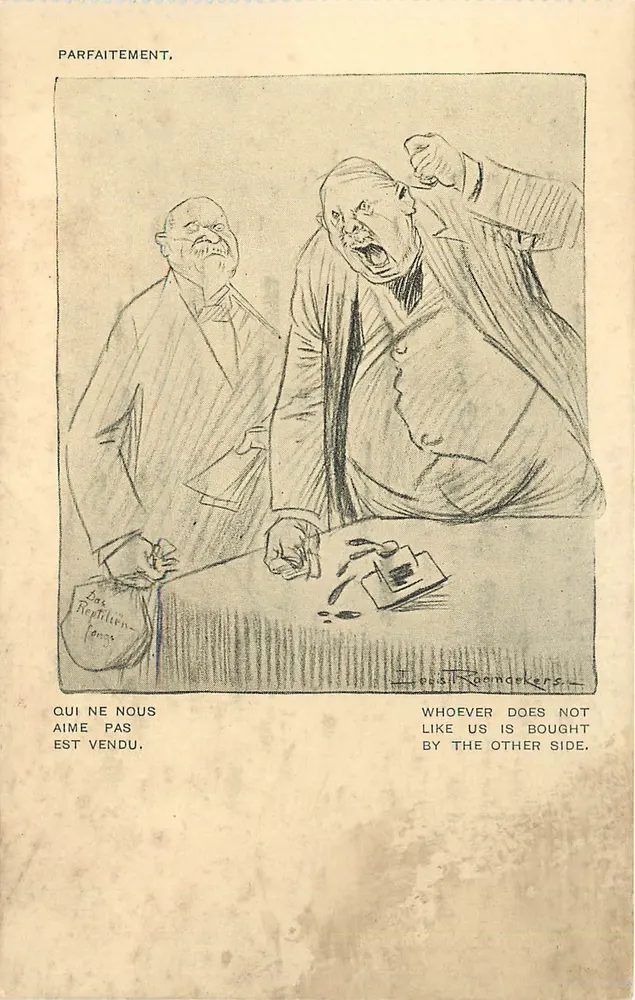 Caricature politique — 'Qui ne nous aime pas est vendu' — dessin de Louis Roemakers - Recto