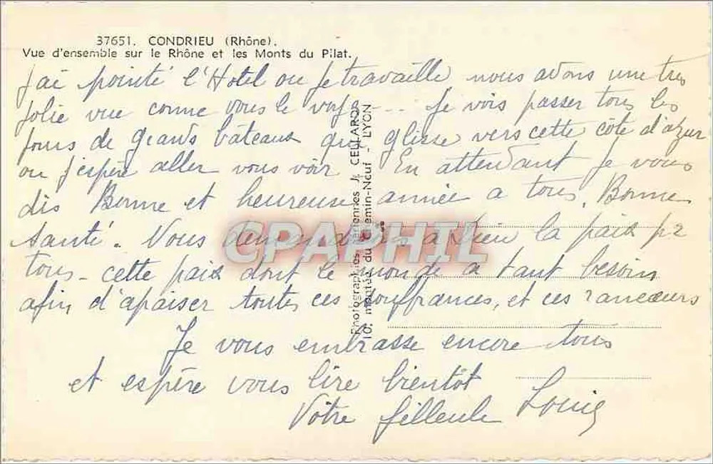 Condrieu (Rhône) — Übersicht über den Rhône und die Monts du Pilat — Verlag C. Lycan - Rückseite