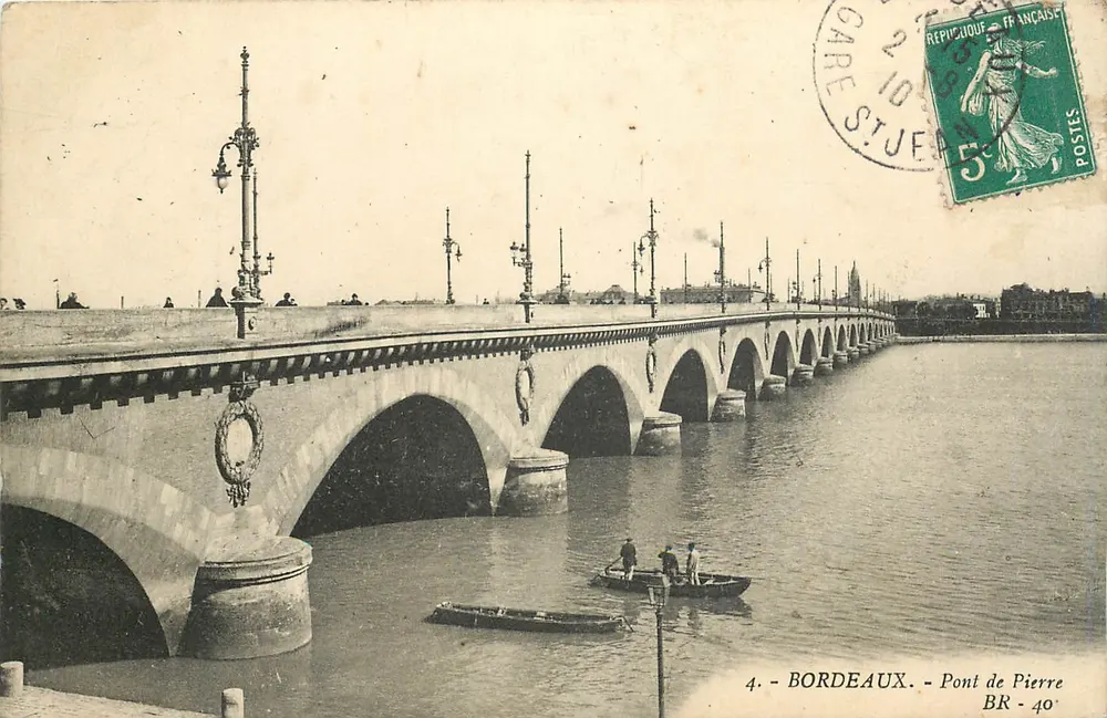 Bordeaux — Most Piaskowy — widok mostu nad Garoną z łodzią — wydawca BR - 40 - Awers