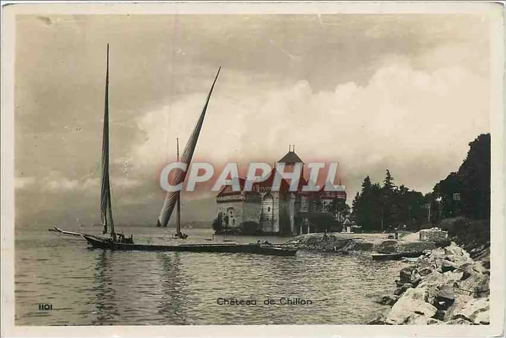 Castelo de Chillon — vista lacustre com barcos a vela — Edição Art. Perrot, Lausana, n° 1101 - Frente