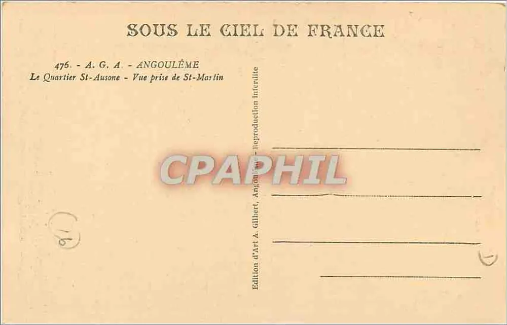 Angoulême — Quartier St-Ausone — Vue prise de St-Martin — Édition A. Gilbert - Verso