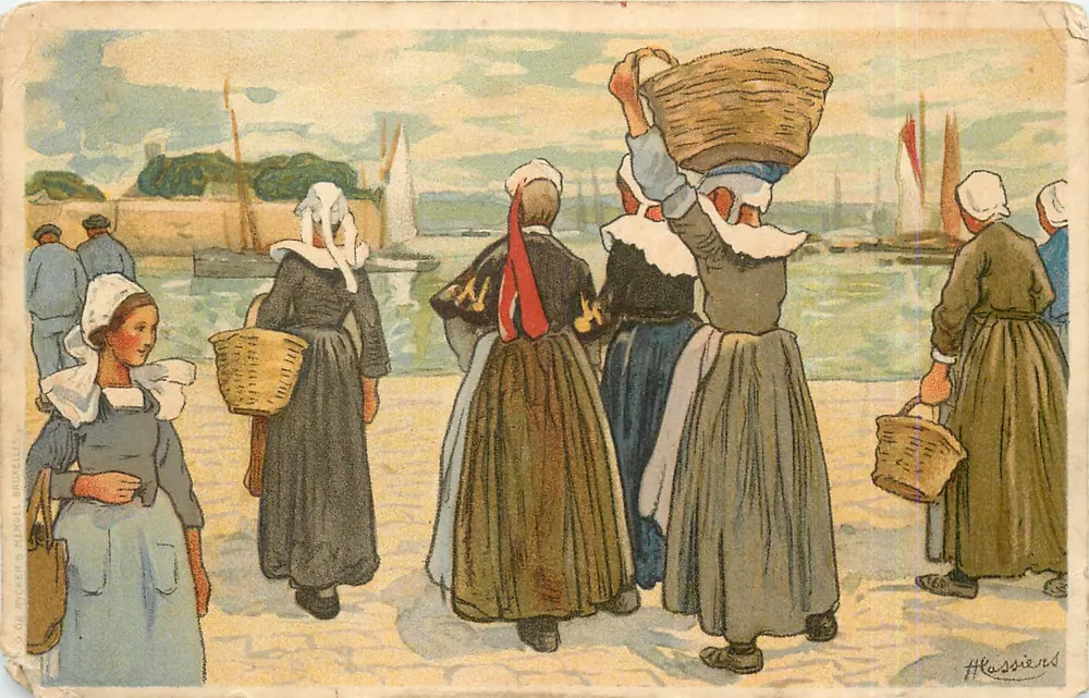 Mulheres carregando cestas — porto de pesca — Hassiers - Frente