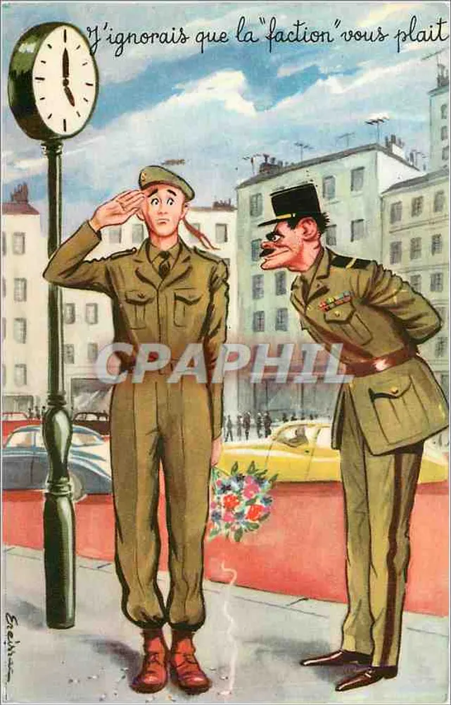Soldat saluant un officier — jeu de mots sur 'faction' — éditeur Collection 1420 - Recto