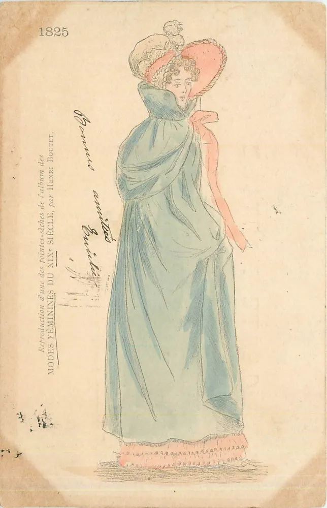 Mulher com chapéu rosa — Moda feminina do século XIX — Reprodução de uma gravura do álbum de Henri Boutet, 1825 - Frente