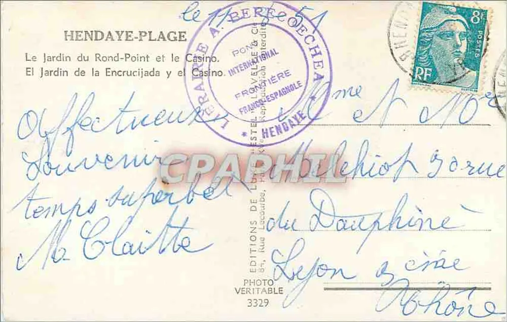 Garten des Rond-Point und das Casino — Hendaye — Éditions Photo Véritable, n° 3329 - Rückseite