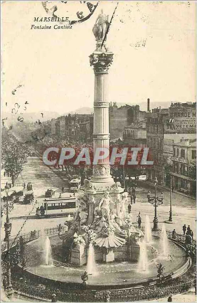 Marseille, Fontaine Cantine — vista da praça com trêm — editor não identificado - Frente