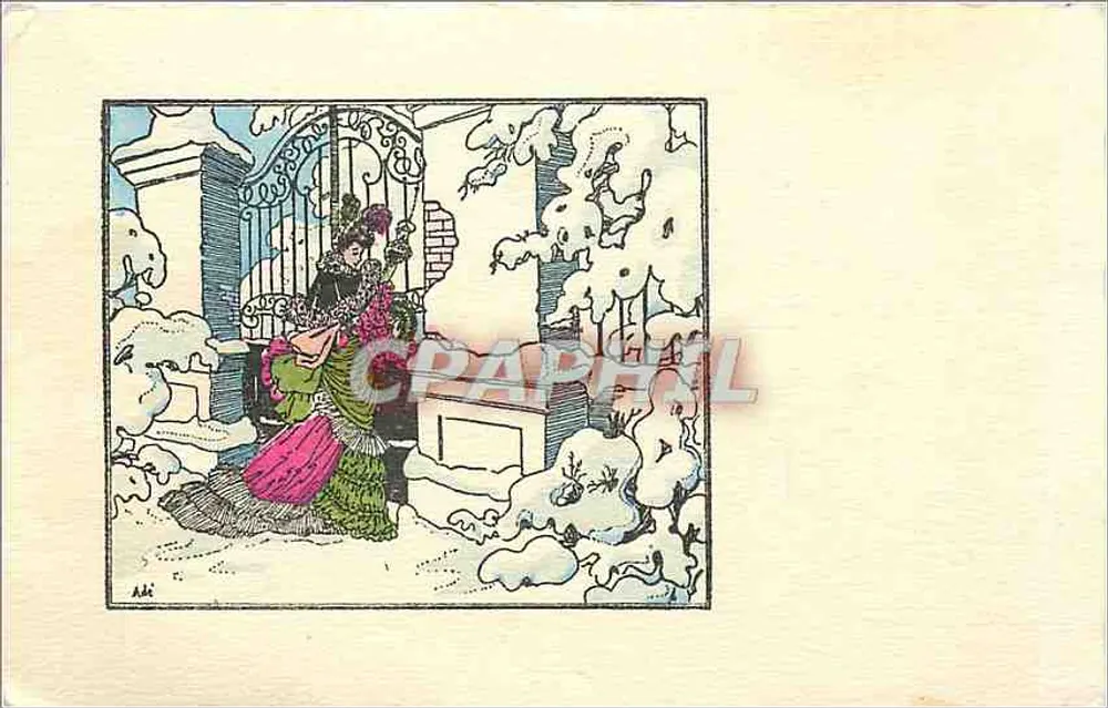 Mulher em vestido colorido diante de um portão nevado — ilustração — AAi - Frente