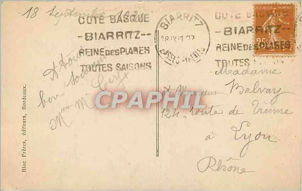 Biarritz (Côte basque) — Tempestade no rochedo da Virgem — Bloc Frères, editores, n°106 - Verso