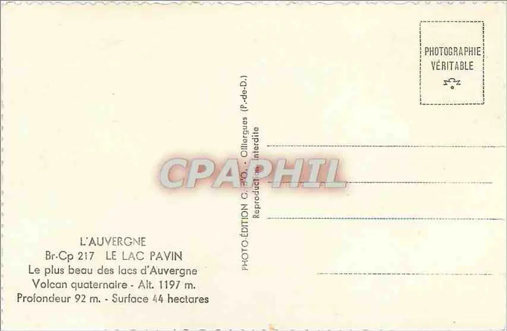 El Lago Pavin — Auvergne — Edición G.d'O. - Reverso