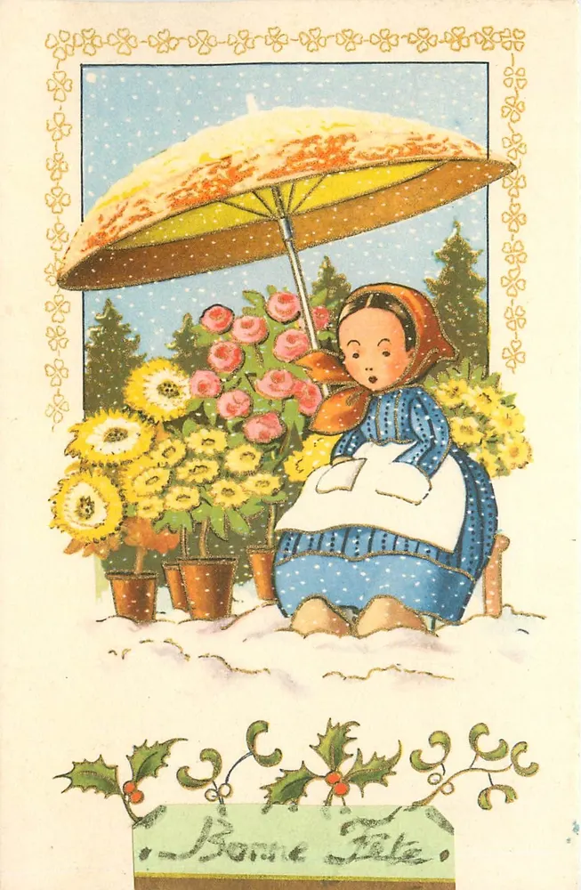 Mulher com guarda-chuva sob a neve — Flores em vasos — Editor não visível - Frente