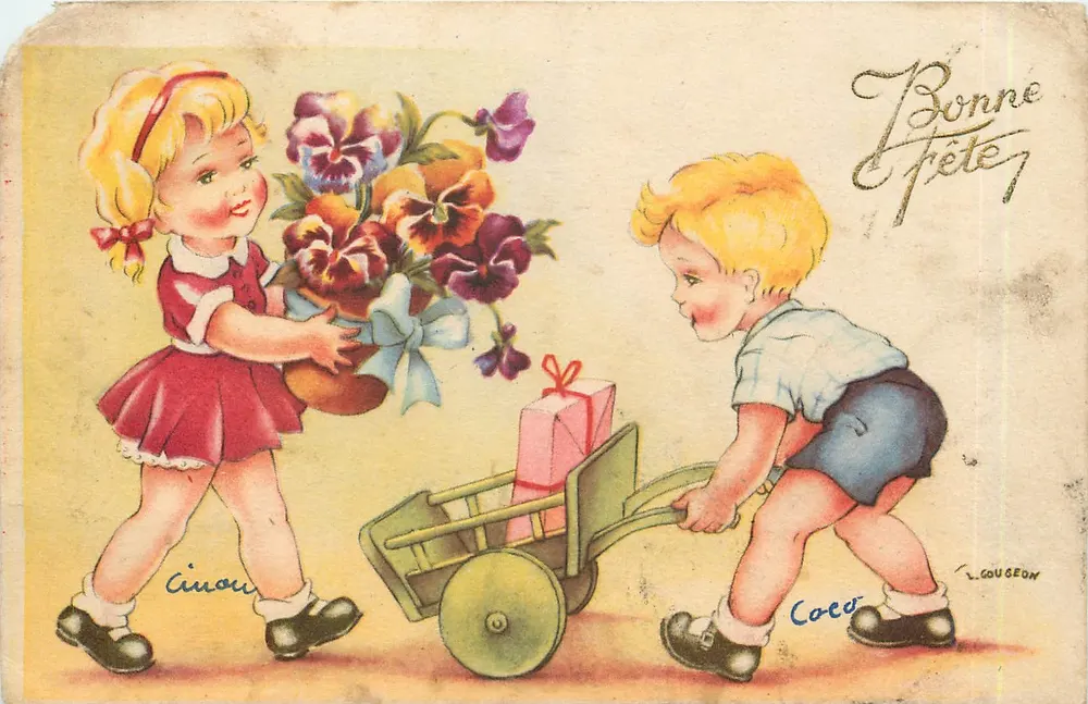 Enfants avec chariot de fleurs — L. COUGEON — n°184 - Recto