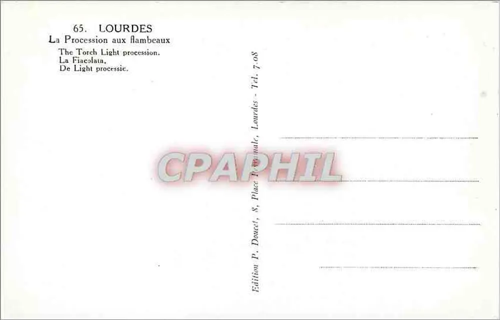 Lourdes — Processão com tochas — Ed. P. Doucet, 8, Place Tournelle, Lourdes - Verso