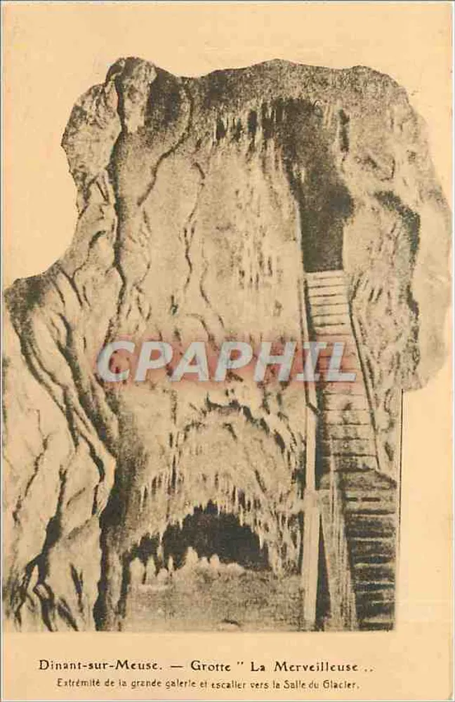 Dinant-sur-Meuse — Gruta 'La Merveilleuse' — Extremo de la gran galería y escalera hacia la Sala del Glaciar — E. Desax, Bruxelles - Anverso