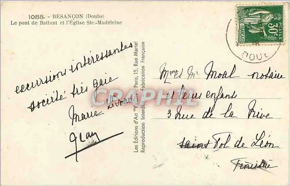 Besançon (Doubs) — Le pont de Battant et l'Église Sainte-Madeleine — Les Éditions d'Art 'Yvon', Paris - Verso