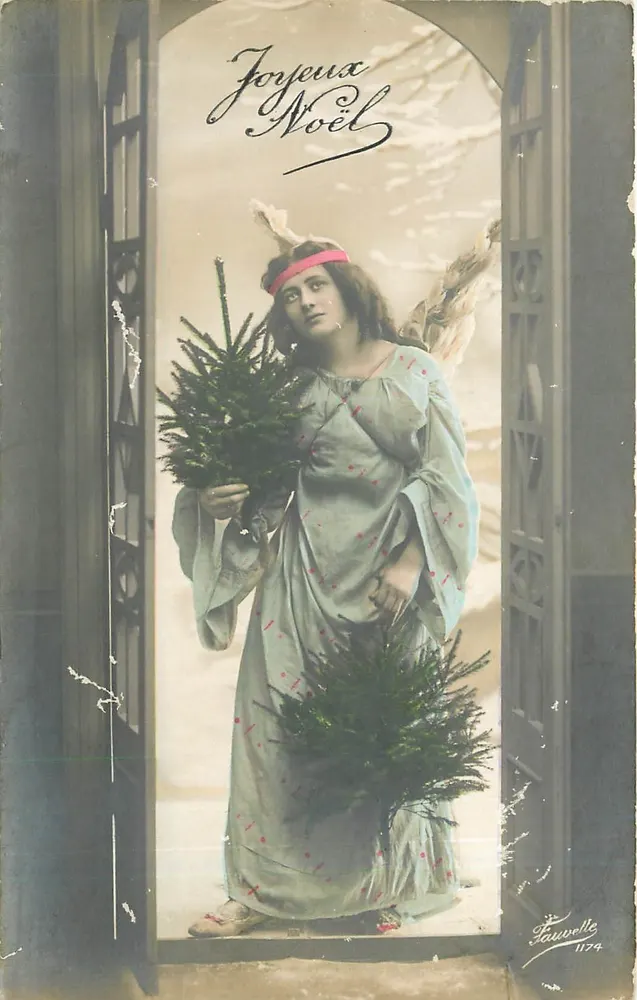 Anjo segurando um abeto de Natal — Feliz Natal — Hauwelle 1174 - Frente
