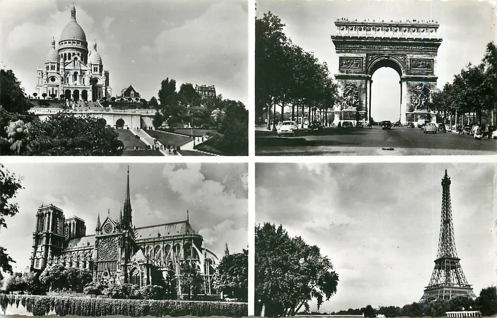 Paris — Basilika des Heiligen Herzens von Montmartre und ihre Gärten — Der Triumphbogen — Notre-Dame — Die Eiffelturm - Vorderseite