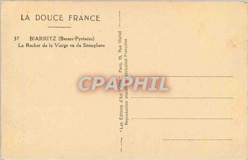 Biarritz (Basses-Pyrénées) — A Vista do Rocher de la Vierge do Sémaphore — Les Éditions d'Art Français - Verso