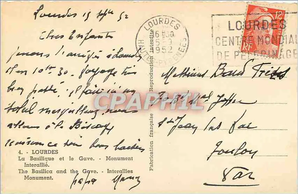 Lourdes — La Basilique et le Gave — Monument Interallié — Édition française - Verso