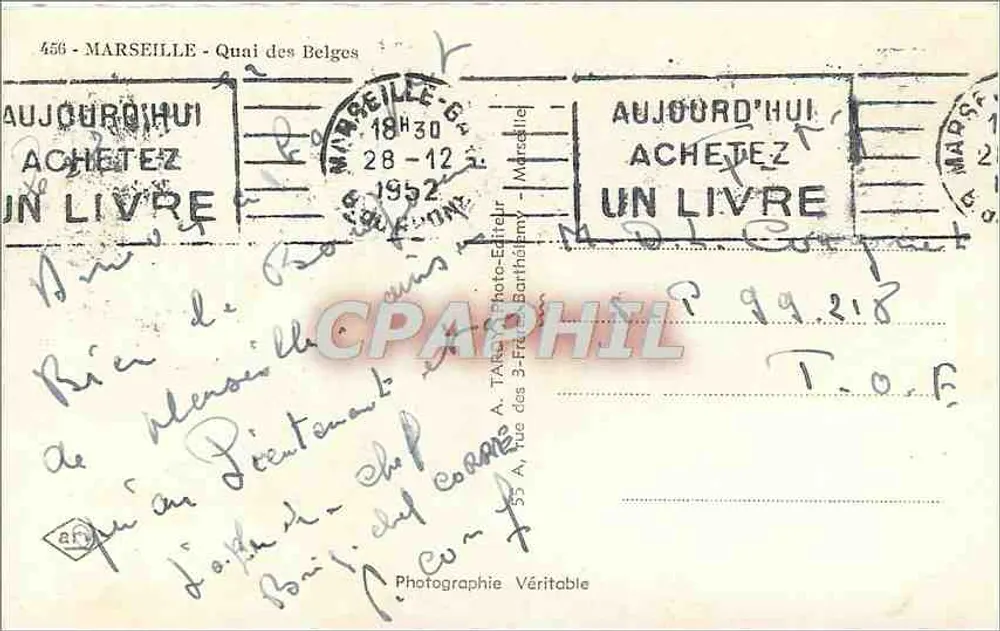 Marselha - Quai des Belges — vista do porto e da promenade — editor A. TAKA, n° 456 - Verso