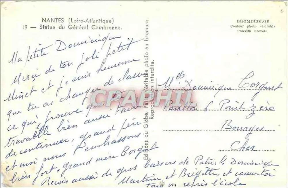 Nantes (Loire-Atlântique) — Estátua do Geral Cambronne — Éditions du Globe - Verso
