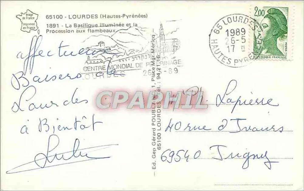 Lourdes — Beleuchtete Basilika und Prozession mit Fackeln — Éd. Gép Poubel, 1. Place Mgr Méricq, Lourdes - Rückseite