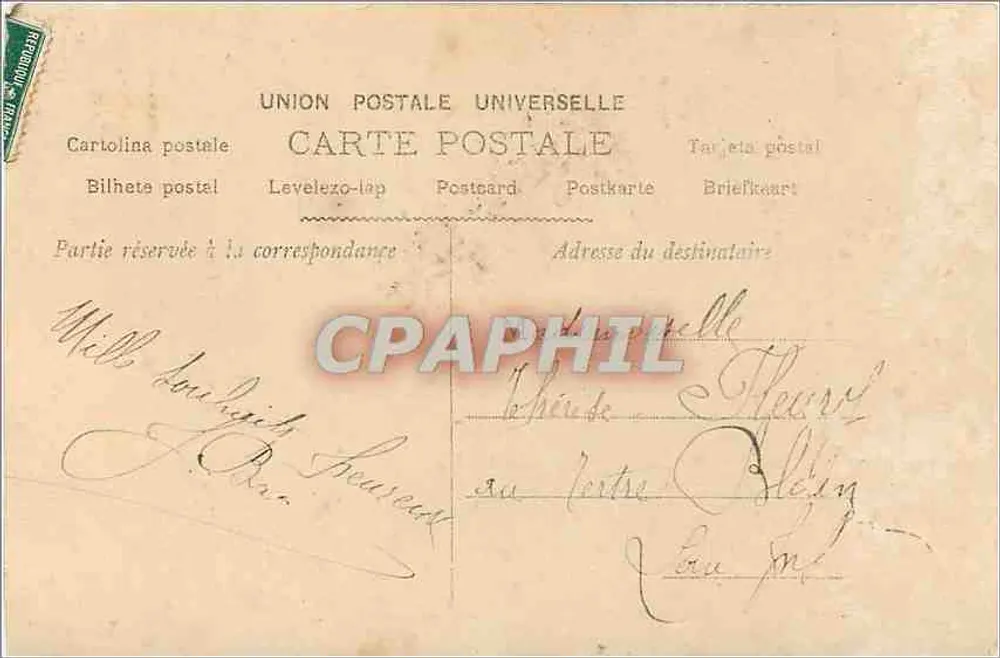 Jeune femme en robe rose — tenant un panneau floral avec 'Bonne Fête' — éditeur S, n° 1828 - Verso