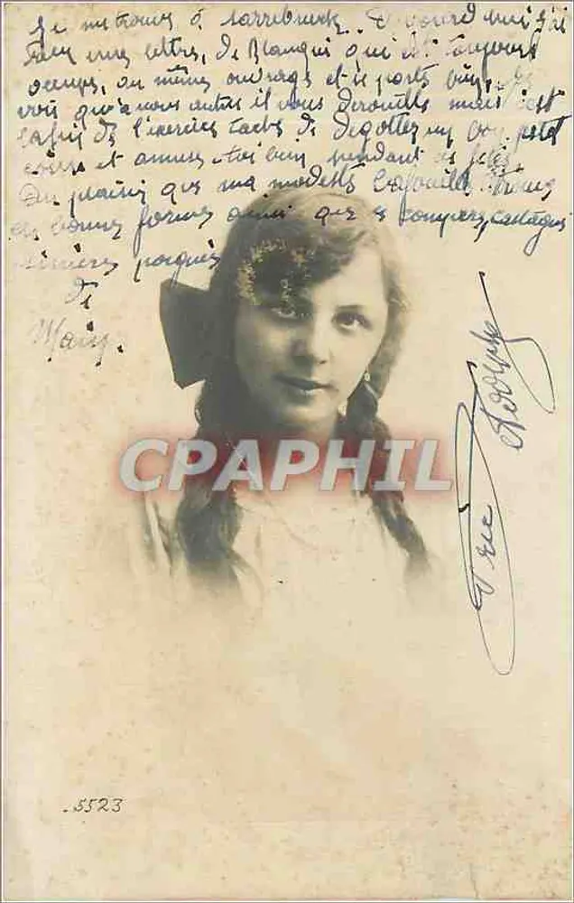 Menina com cabelos trançados — carta postal autografada com 'Mary' — série 5523 - Frente
