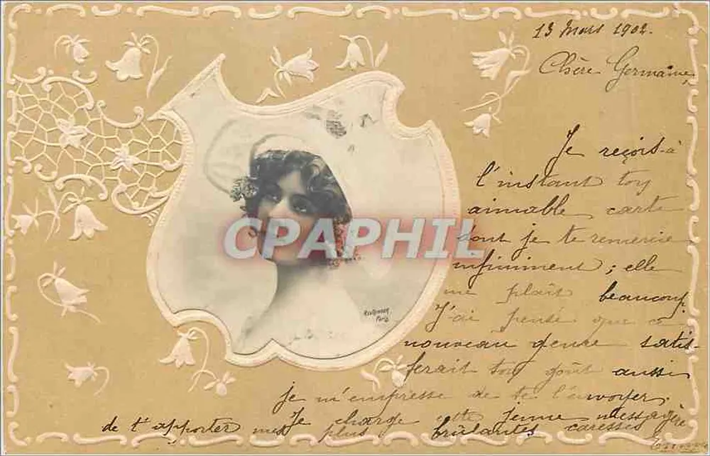 महिला का चित्र — डेटेड पोस्टकार्ड 13 जुलाई 1904 — प्रकाशक यूजीन पेरोट - आगे