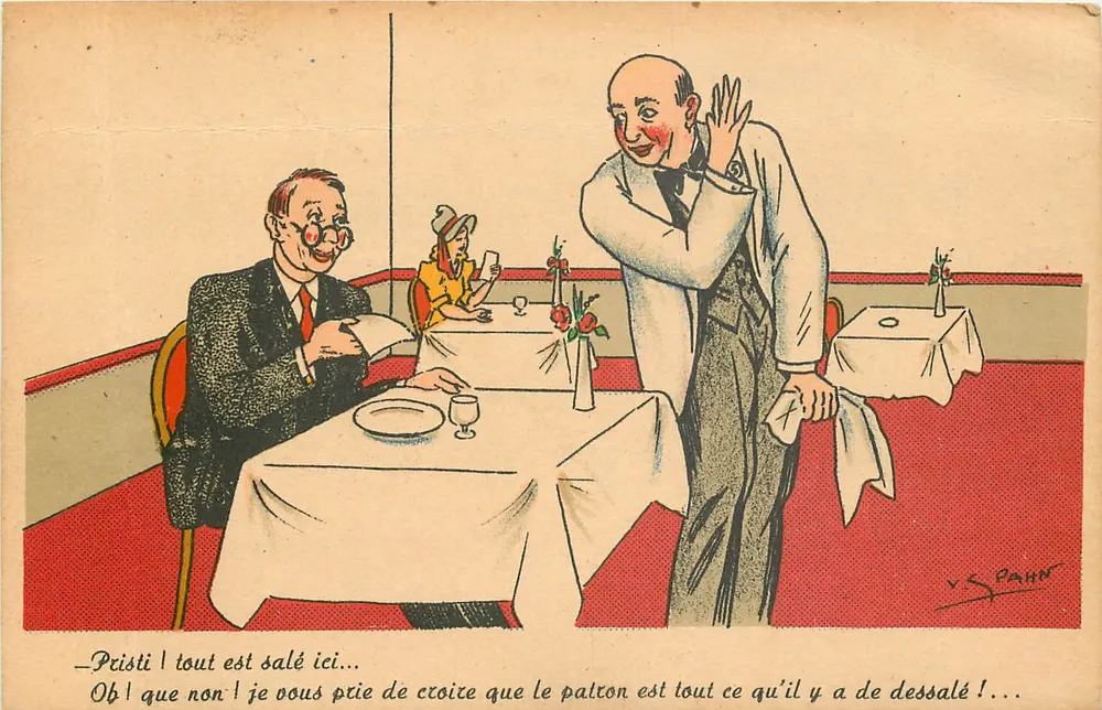 Scène de restaurant — caricature d'un serveur et d'un client — V. S. PAHN - Recto