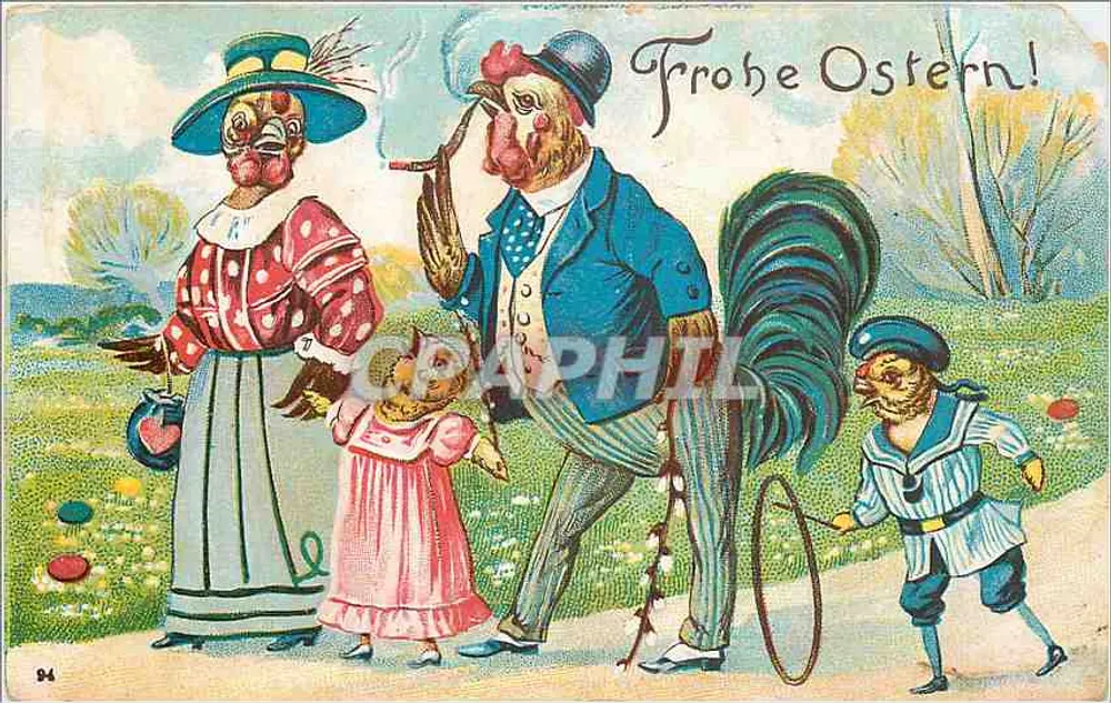 Frohe Ostern! — Carte postale humoristique avec personnages animaux — éditeur non visible, n° 94 - Recto