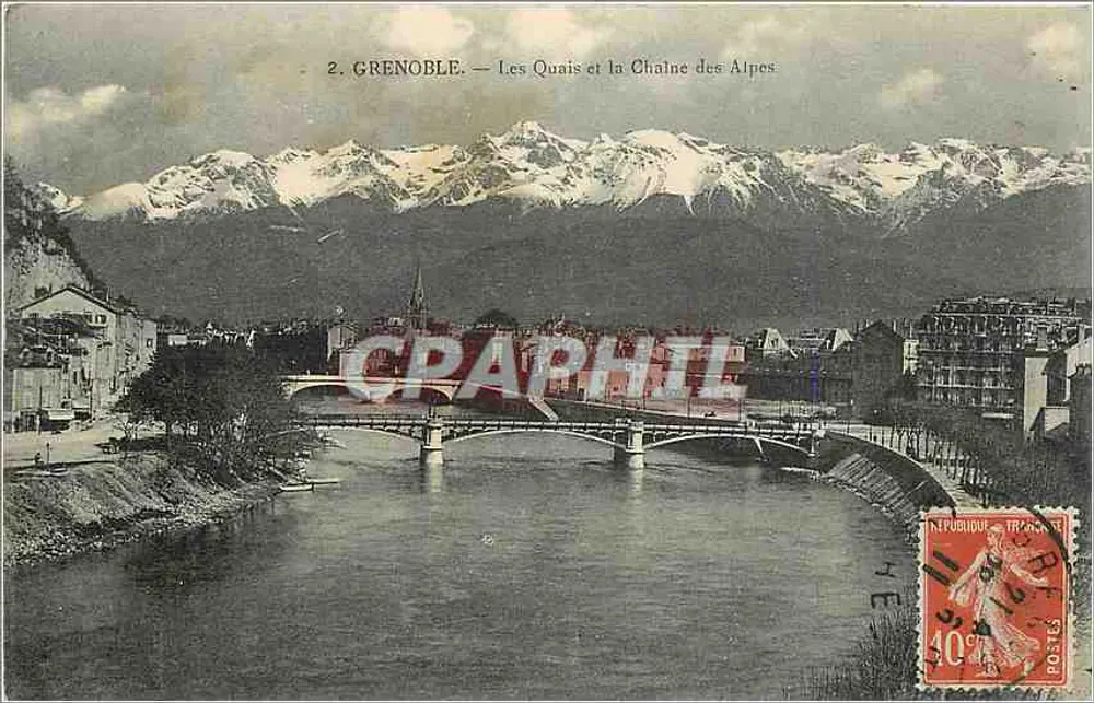Grenoble — Die Quais und die Kette der Alpen — P. Gaude, phot. publ. Grenoble - Vorderseite