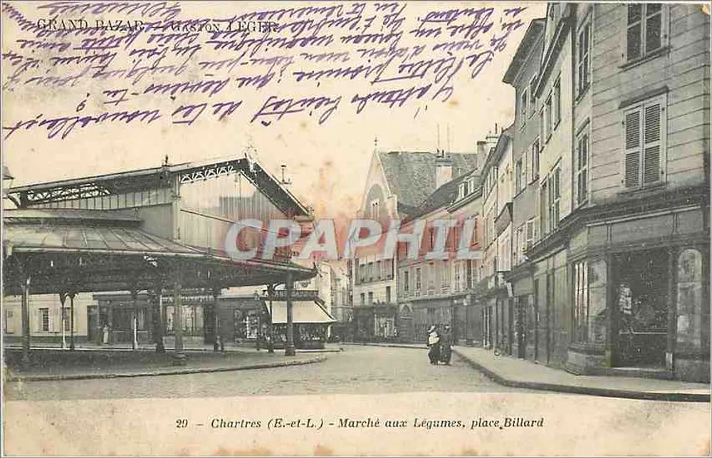 Chartres (E.-et-L.) - Mercado de Legumes, praça Billard — Grand Bazar — A. Bourdier, imp.-édit., Versailles - Frente