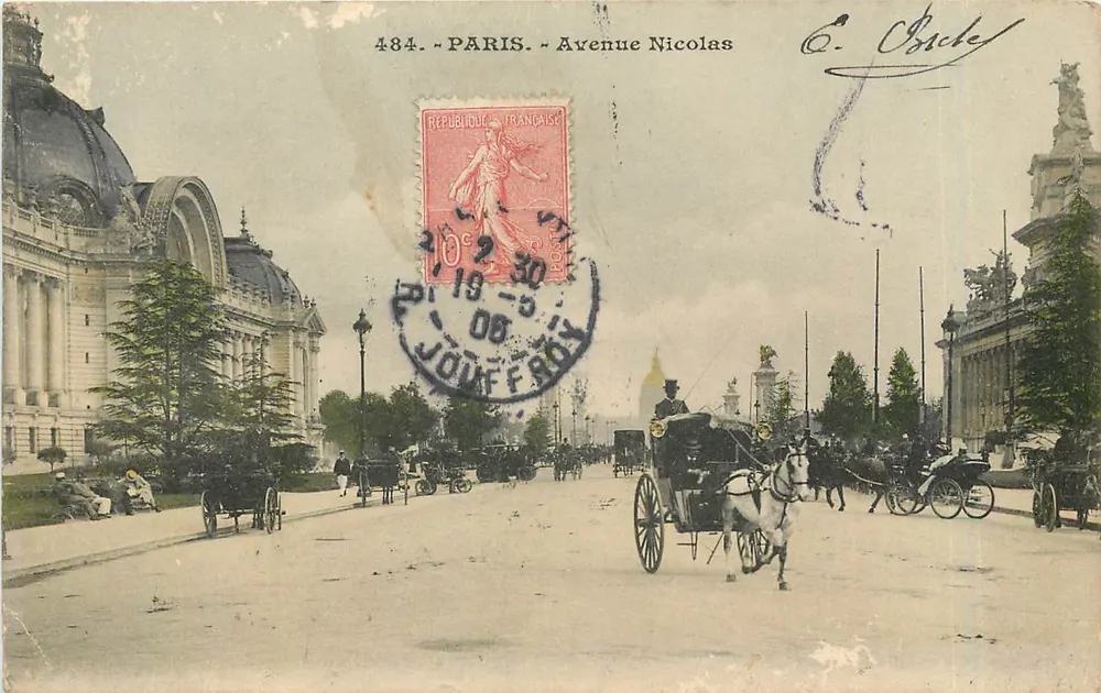 Paris - Avenida Nicolas — vista da praça com carruagem — editor C. Crèche, n° 484 - Frente