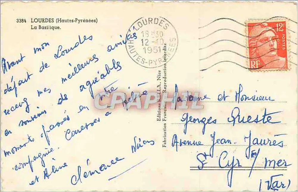 Lourdes (Hautes-Pyrénées) — A Basílica — Éditions Rella, n°3384 - Verso