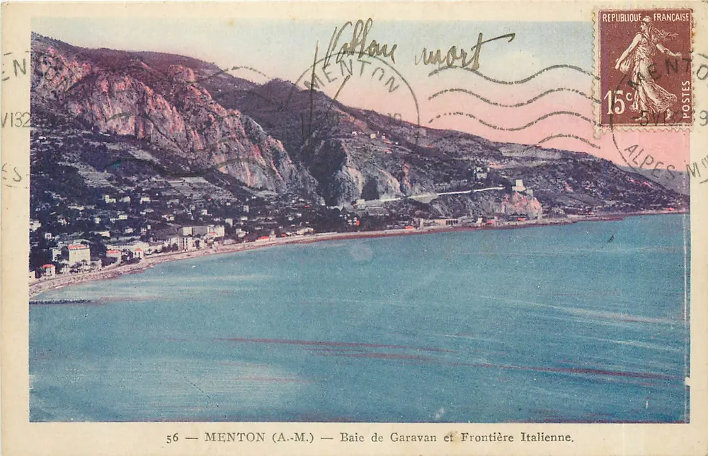 Menton (A.M.) — Baia di Garavan e Frontiera Italiana — Imp. A.D.La Roch - Recto